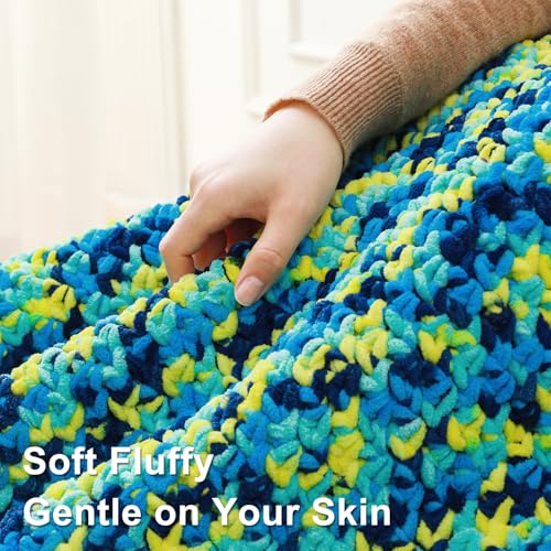 Image of #6 Super Bulky Blanket Yarn for Crocheting - 4 Skeins(Each 10.5oz /300g, 220yds /201m), Chunky Chenille Thick Plush Big Soft Yarn for Crocheting Knitting Blankets, Multi Blue & Yellow