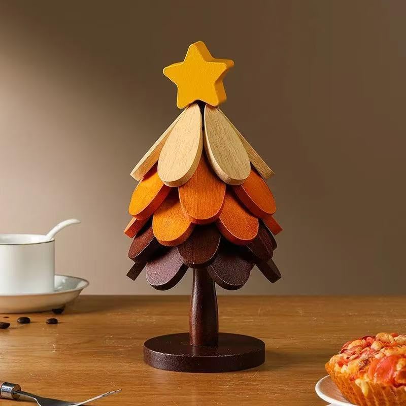 Christmas Tree Design Stand Wooden Trivets Decorative 5 + 1 Stand stored Anti Scald Heat Resistant Table Mat Coaster Wood Placemats Pot (Brown)