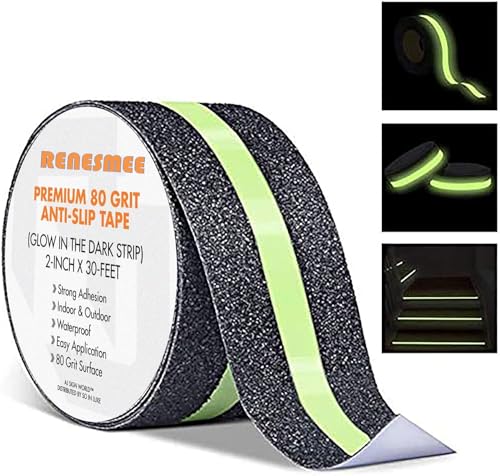 Image of Renesmee Grip Tape - Heavy Duty Anti Slip Tape for Stairs, Waterproof Safety Non Skid (16.4 inch Long and 2 inch Wide, Black with Glow in The Dark Strips)