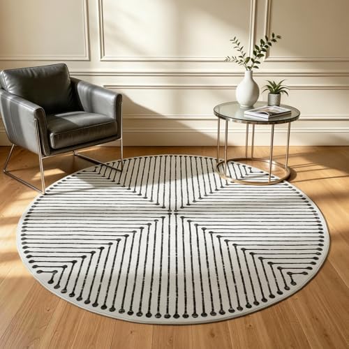 YIHOUSE Washable 5ft Round Rug for Entryway Non Slip Black and White 5x5 Area Rugs for Living Room Non-Shedding Striped Modern Circle Carpet for Bedroom Dining Room Home Office Decor