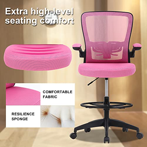 Drafting Chair Tall Office Chair Mid-Back Mesh Ergonomic Computer Chair High Adjustable Standing Desk Chair With Lumbar Support Adjustable Foot Ring And Flip-Up Arms (Pink) #TOP3