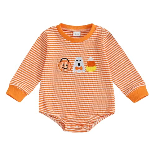 Image of Demdzq Newborn Baby Boy Girl Halloween Outfit Pumpkin Ghost Embroidery Romper Infant Onesie My First Hallween Baby Outfit