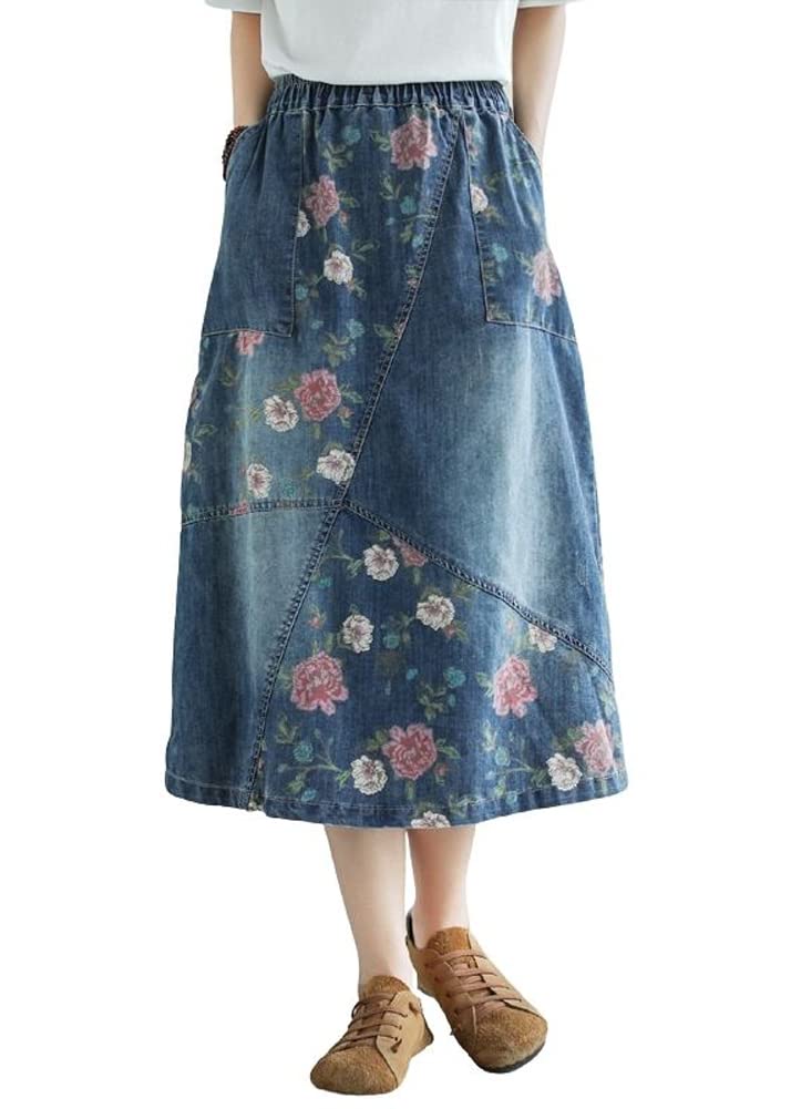 Women's Elastic Waist Country Floral Print A-Line Midi Long Denim Skirt with Pockets |Floral Blue |L-image-18