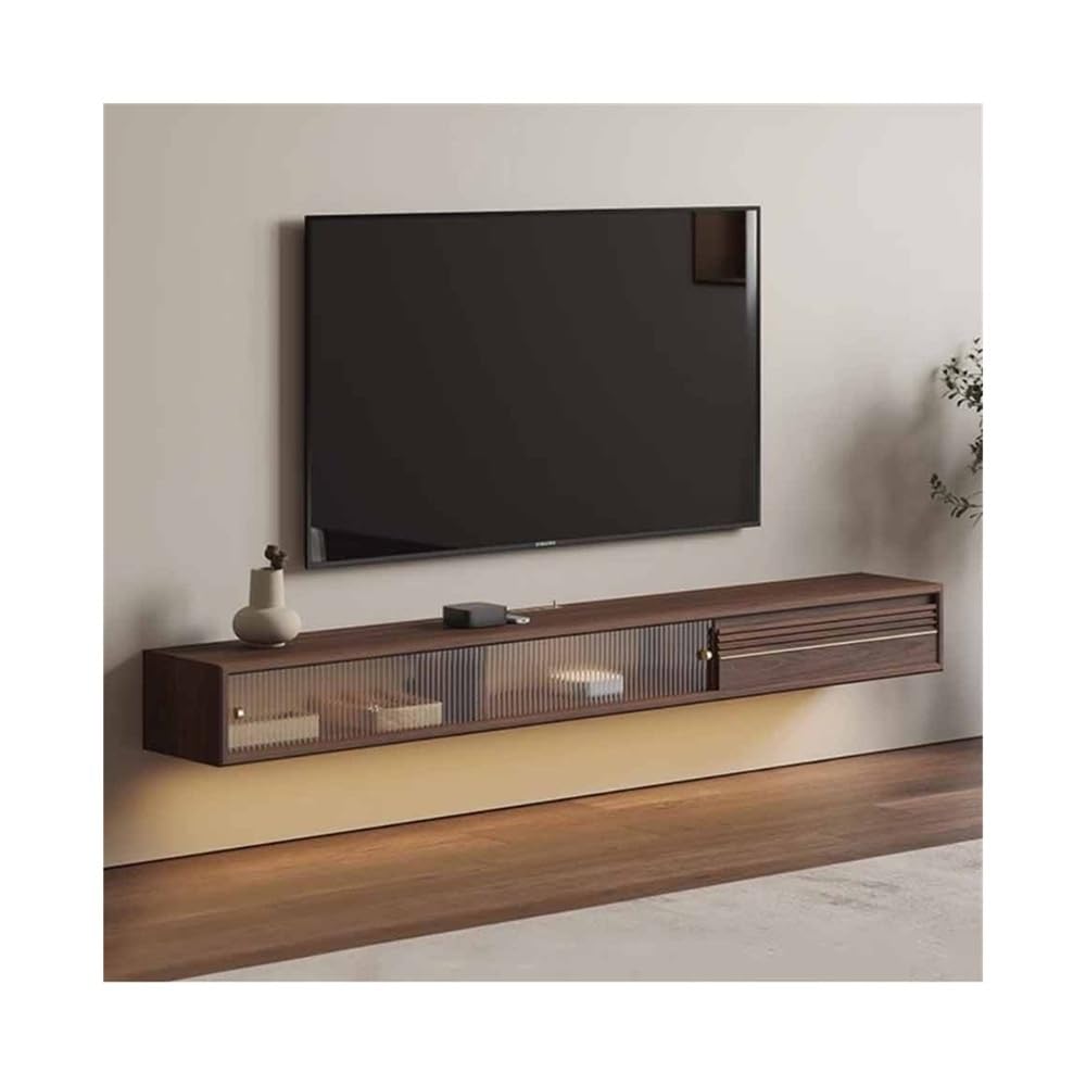 DFGHNBVC Console Floating Tv Unit, 55.1/70.8" Wall Mounted Tv Cabinet With Glass Sliping Doors And Drawer, Modern Walnut Floating Entertainment Center For Under Tv Entertainment,Size_Name-180Cm