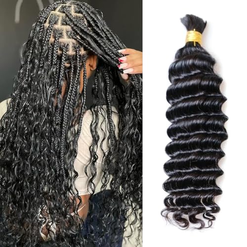 YGWIGS Boho Human Hair Deep Wave Human Hair Bulk Braiding Hair for Boho Braids Double Drawn Virgin Hair for Black Women 100g 18inch Natural Black