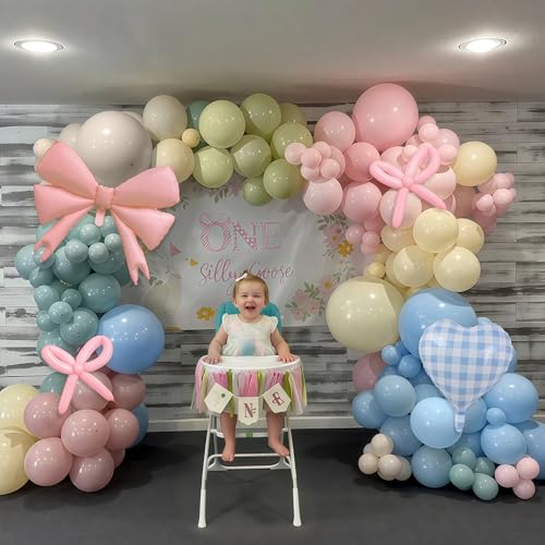 Image of Goose Balloon Arch Kit Pastel Pink Blue Sage Green Balloons Garland Bow Gingham Heart Foil Balloon One Silly Goose Birthday Party Decorations Girl Dusty Pink Blue Yellow Duck Baby Shower Gender Reveal