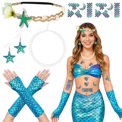 Grantop Disfraz de sirena, disfraz de sirena para mujer, 6 piezas de disfraz de sirena, accesorios de sirena, pendientes de sirena, cadena de perlas, para carnaval, Color: 1, /