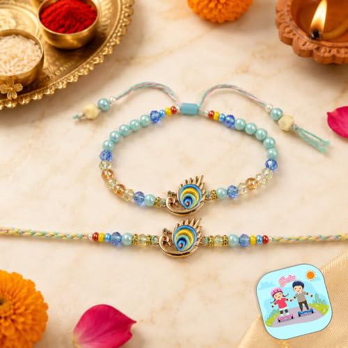 Image of CraftVatika Rakhi Gift Combo Set for Brother and Bhabhi, Bhaiya Bhabhi Rakhi Set of 2, Peacock Couple Pair Rakhis for Rakshabandhan, Fridge Magnet Raki Gift with Best Wishes Card and Tillak Set