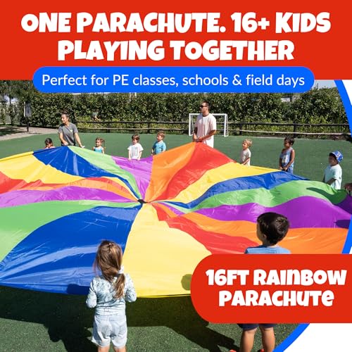Image of Activejoy - Parachute for Kids - 8ft /12ft / 16ft / 20ft / 24 ft / 30ft - Rainbow Parachute Toy with Handles - Great for Gym Class, Field Day & Outdoor Games
