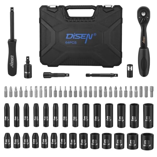 DISEN 1/4' Drive Socket Wrench Set 64PCS, 1/4-Inch Impact Metric Socket Set(4-15mm) Deep and Shallow 6 Point, CR-V, with 72T Ratchet Wrench Handle for Household&Automotive Repairing with Storage Case
