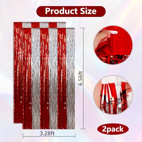 Image of BEISHIDA Red Silver Door Streamers Backdrop Foil Fringe Tinsel Party Streamers Curtains Photo Backdrop - 2Pcs for Valentine's Day Birthday Graduation Christmas Party Decoations