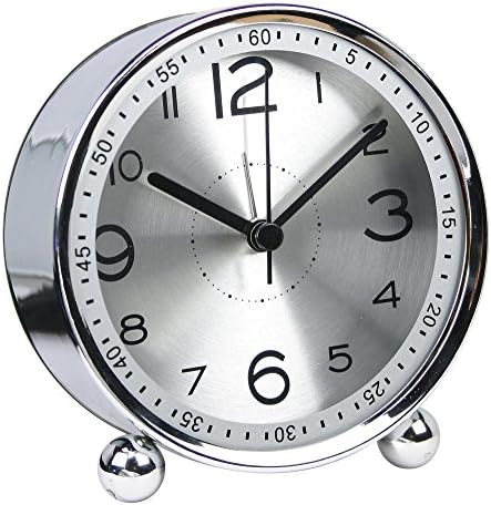 chengsan Alarm Clock,4 inch Round Table Clock, Non-Ticking Silent Metal Small Clock ,Classic Retro Style Quartz Clock, Battery Alarm Clock,Desk Cupboard Bedside Travel Alarm Clock(Silver)