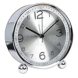 chengsan 4-inch Table Clock Ultra-Quiet Metal Small Alarm Clock, Classic Retro Style Quartz Clock, Desk Cupboard Bedside Travel Alarm Clock (CS-AC06)(Silver)