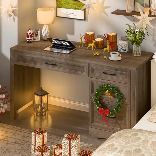 Image of Vabches Farmhouse Executive Desk with Storage and Ample File Drawer, Rustic Large Home Writing Desk for Bedroom, Grey