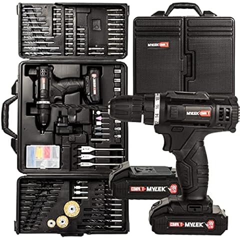 MYLEK MYBMC092 18V Cordless Drill Electric Driver Set, Lithium Ion Battery, 18 Volt Combi Screwdriver Pack, Black, 151 DIY Piece Accessory Kit and Carry Case (18v Drill Kit and Two Batteries) Cover