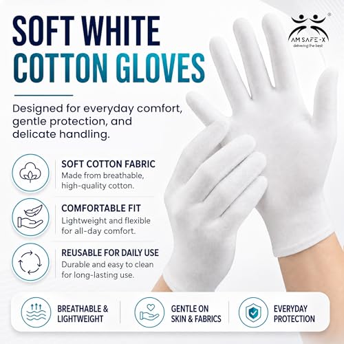 Image of AM Safe-X Premium White Cotton Gloves for Men & Women | Lightweight Breathable Knitted Gloves | Soft Stretch Fit | Reusable Hand Protection for Driving, Gardening, Warehouse & General Use | 5 Pair