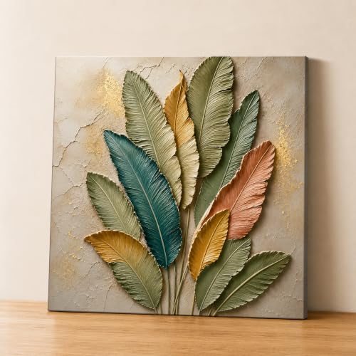 Image of PAINTINGMANTRA Textured Embossed Floral Leaf Canvas Wall Art Painting for wall decoration, Multi-Color Feather & Leaf Motifs Stretched Canvas Painting for Living room, bedroom, Home and office, 22x22 Inch