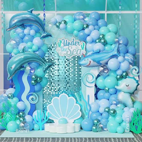 Image of Under the Sea Party Decorations, 154pcs Ocean Blue Balloon Garland Arch Kit, Blue Bubble Balloons with Dolphin Shark Hippocampus Foil Balloon for Ocean Birthday Party Supplies Shark Party Decor