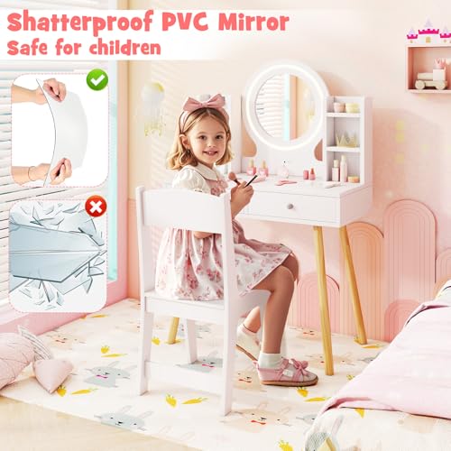 Image of HONEY JOY Kids Vanity, Girls Vanity Set with Mirror and Stool and Lights, Drawers & Storage Shelves, Toddler Makeup Vanity Dressing Table, Pretend Play Kids Vanity Table and Chair Set (White)