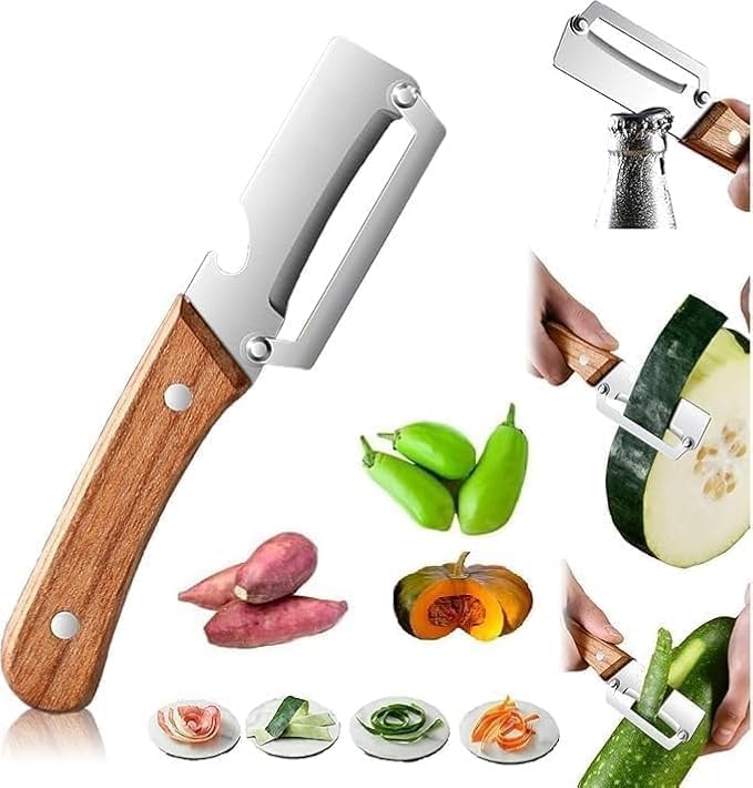 Multi-Functional Vegetable Peeler for Kitchen, 2-in-1 Stainless Steel Fruit & Vegetable Peeler with Bottle Opener, Wooden Handle Portable Peeling Tool for Potato, Apple, Pumpkin, Papaya