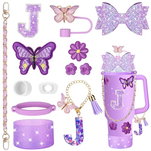 Mity rain 14PCS Purple Cup Accessories for Stanley Cup 30oz 40oz tumbler with handle - Includes Strap,Straw Bow Decorate,Straw Cover,Boot,Spill Proof Stoppers,Handle Charms,Letter Sticker(Initials J)