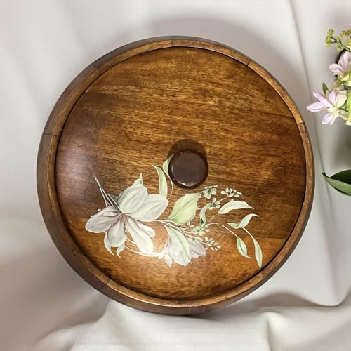 Image of Seasoned and Treated Mango Wood Wooden Chapati Box, Wooden roti box with lid, Melamine Coated, Printed lid- 10inch round with 1kg approx weight, Brown