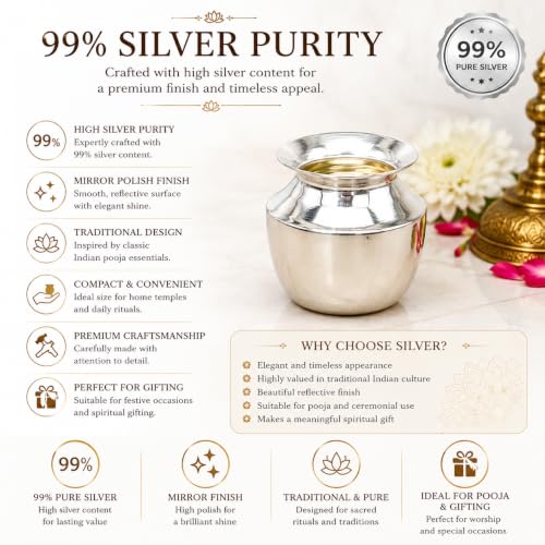 Image of Pure Silver Mini Kalash (Lota), Sacred Water /Milk Pot for Hindu Pooja, Home Temple, Rituals & Ceremonial Use, Handcrafted Puja Vessel, Housewarming Gift