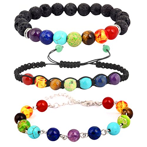 Pusheng Chakra Bracelets Set Beaded Lava Rock Stone Healing Balance Energy Yoga Bracelet,8MM Beads 3 pcs Set