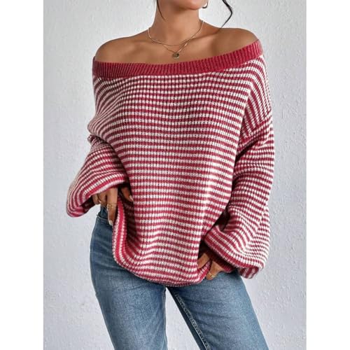 Women's Off The Shoulder Long Sleeve Striped Sweaters Fall Trendy Pullover Knit Lightweight Drop Shoulder Tops2