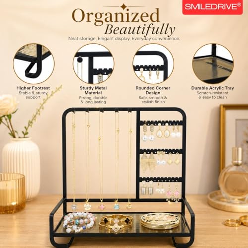 Image of SMILEDRIVE Premium Metal Jewelry Stand Organizer, Black | Sleek Tabletop Holder, For Necklaces, For Earrings, For Rings & Bracelets