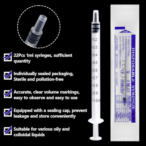 1 ml Kolostrum Spritze, Kunststoffspritzen mit Kappen, 1ml Spritze Ohne Nadel zum Nachfüllen und Messen von Flüssigkeiten, wissenschaftliche Labors, Pflanzenbewässerung, Tierfütterung (22 Stück)