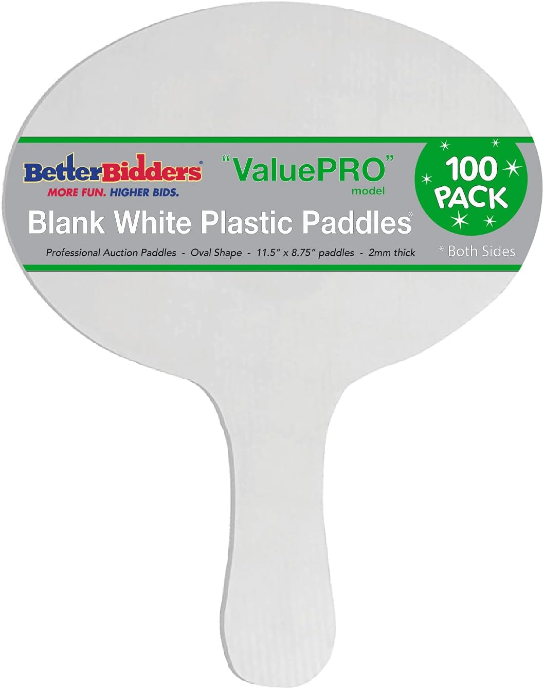 Better Bidders Plastic Paddles, Blank, 3.5mm Thick (Very Rigid), White (20 Pack, Oval), Q=20 1-Piece Hand Fans, ("ValuePRO" line)