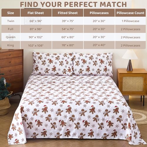 Image of Mooreeke Cozy Christmas Microfiber Printed Queen Sheet Set - Soft & Breathable Percale Brown Winter Bed Sheets with Extra Deep Pocket - Non-Slip Fitted Design - Red Snow Gingerbread Pattern