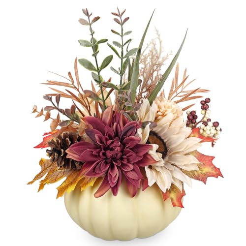 Arborus Artificial Pumpkin Fall Décor - Autumn Table Centerpieces with Beige Faux Flowers, Maple Leaves, Sunflowers, Pumpkin – Halloween, Thanksgiving & Harvest Home Decoration