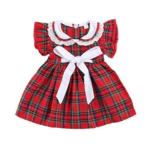 FIOMVA Toddler Kids Baby Girl Plaid Dress Ruffle Long Sleeve Tutu Dresses Party Princess Outfit Fall Winter Clothes (Short Sleeve White Bow,2-3T)