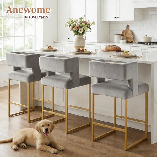 Image of Counter Height Bar Stools Set of 4, Grey Velvet Bar Chair Gold Leg | 26 inch Seat Height Fits Standard Kitchen Islands, Upholstered Barstools, Back Support, Square Metal Legs, Footrest