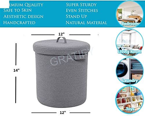 Image of Mansa Traders 12 inch x 12 inch x 14 inch Large Storage Basket with Lid, Cotton Rope Storage Baskets, Laundry Hamper, Toy Bin, Toys Blankets Pillows Storage in Living Room Baby Nursery,Grey Stiches with Cover