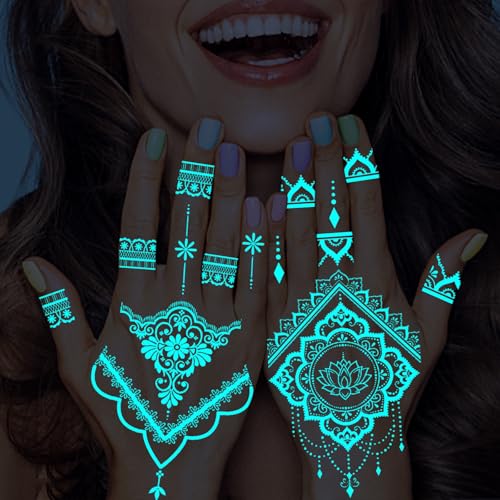 Konsait Leuchten im Dunkeln Tattoos für Frauen Mädchen Leuchtende Temporäre Handtattoos für Frauen Schwarzlicht Tattoo Leuchten im Dunkeln Make-up Fake Tattoo 8 Blätter