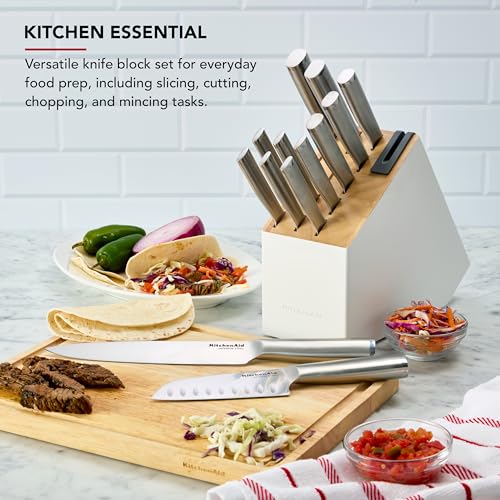 Image of KitchenAid Slim Two-Tone Knife Block Set with Built-In Knife Sharpener, Stainless Steel Kitchen Knives, Sharp Kitchen Knife Set with Block, 14-Piece, White