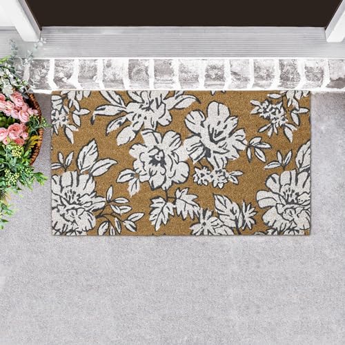 Laura Ashley Slip Resistant Beige Iris Floral Design Coir Doormat - 17.5