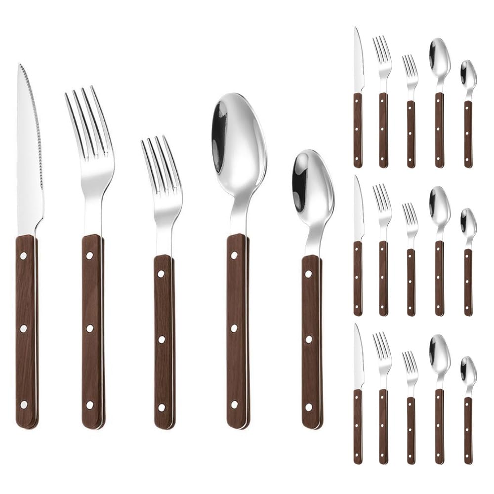 Thickened Rivet Clamp Handle Kitchen Stainless Steel Silverware Tableware Flatware Cutlery Set Steak Knife Fork Spoon Teaspoon (Dark brown,20 pieces)