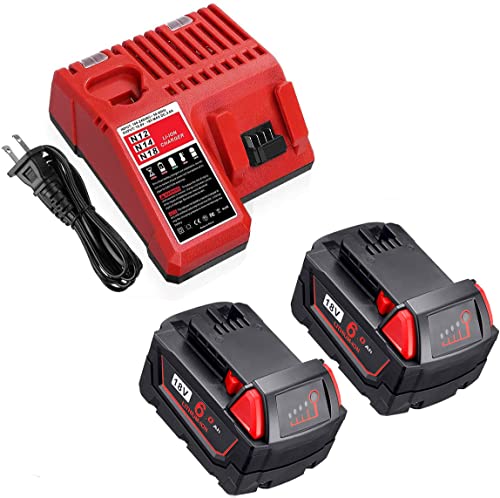 2Pack 18V 6.0Ah for Milwaukee Battery 18Volt Lithium XC 48-11-1815 48-11-1820 48-11-1850 Batteries + 12V-18V 48-59-1812 for Milwaukee M-12/M-18 Battery Charger Combo 48-11-2420