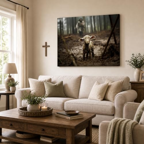 Image of GUN SUPPLIES OUTLET LLC Jesus and Lamb Canvas Wall Art Jesus Running After Lost Lamb Picture Wall Art Christian Home Decor 12x16 inch