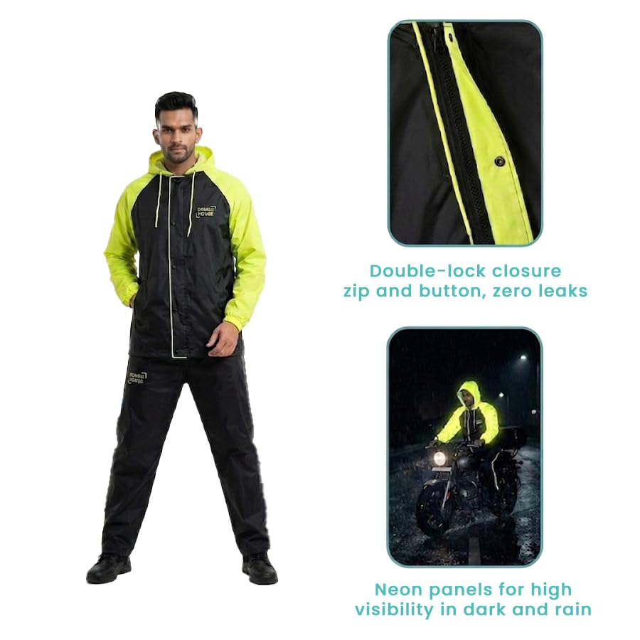 Image of Roughhouse Raincoat for Men & Women Heavy Duty Waterproof Rain Suit with Jacket & Pant for Bike Riding | Hooded High-Visibility Unisex Raincoat | Foldable Monsoon Rain Coat - Charcoal & Neon, Size XXL