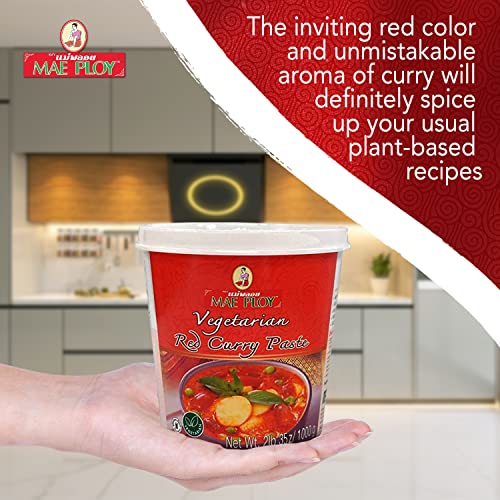 Mae Ploy Vegetarian Red Curry Paste with Authentic Thai Spices Like Shallots, Chili, Lemongrass, Galangal, Kaffir Lime, Garlic, No MSG, Preservatives Or Artificial Coloring (35 oz Tub)