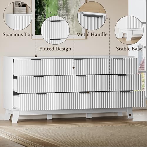 Image of BORNOON 63 inch Long Dresser for Bedroom, 9-Drawer Fluted Dresser, Extra-Wide Wood Chest of Drawers with Smooth Metal Slides, Stable Base, Modern Clothes Storage Cabinet for Living Room, Hallway, Nursery