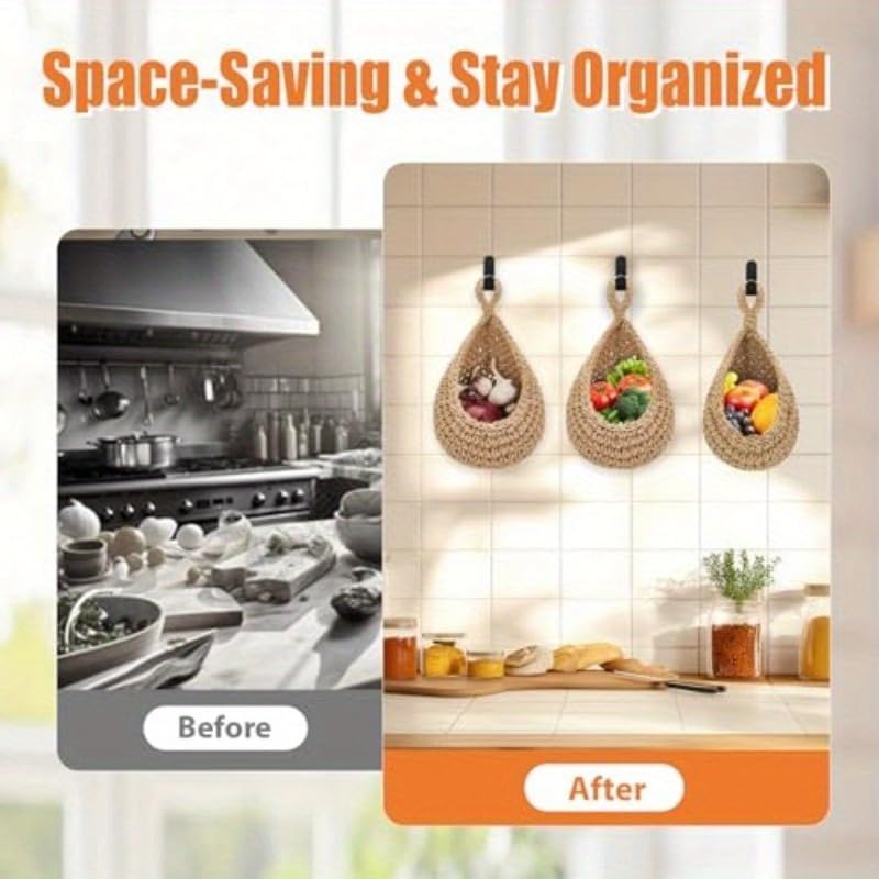 Hanging Fruit Baskets for Kitchen, 3 Pack Boho Hanging Wall Basket with 6 Pcs Strong Hooks, Teardrop Storage Baskets for Fruits, Vegetables, Onion, for Home