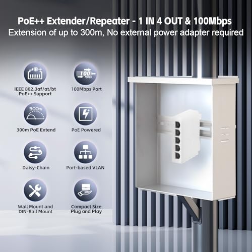 Image of 5 Port PoE Extender, 1 in 4 Out PoE+ Switch, 10 /100Mbps, IEEE 802.3 af /at /bt 90W, Wall and Din Rail Mount YuLinca PoE Passthrough Switch