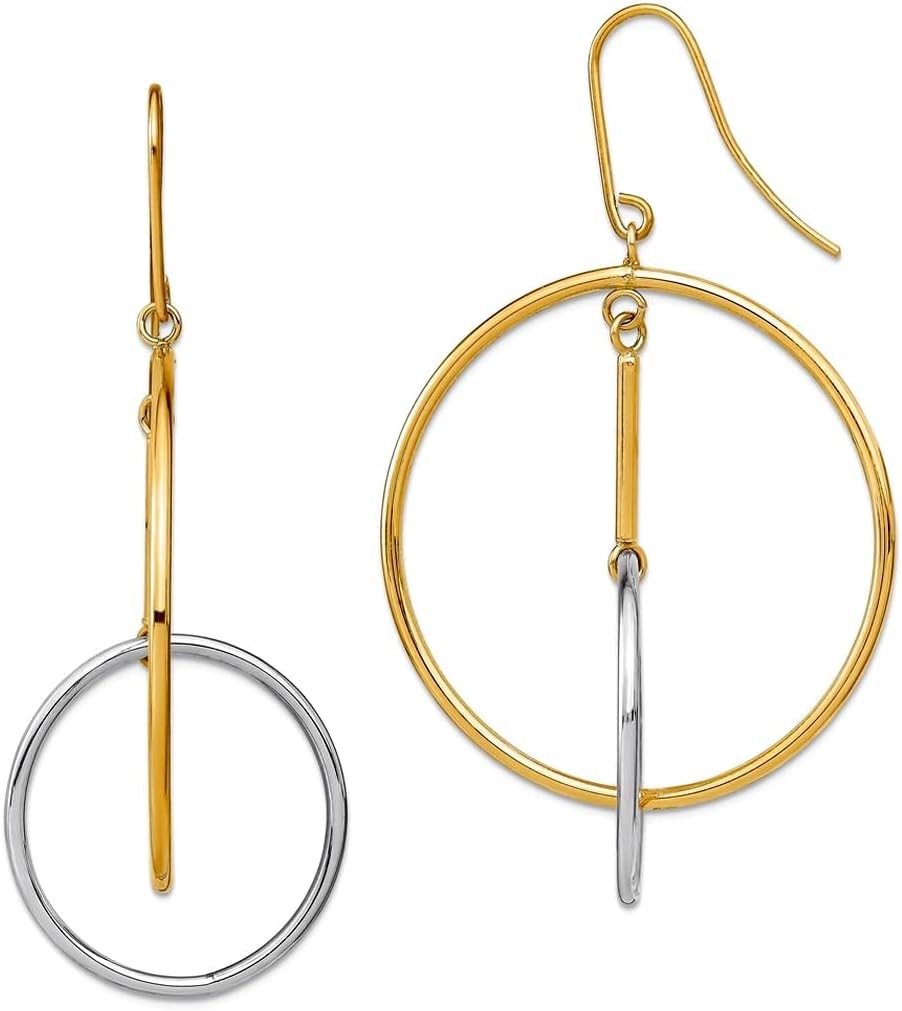 14k Solid Gold Two-tone Double Circle and Bar Long Drop Dangle Earrings 61.3x35.4mm Wide Dangle Earring for Women
