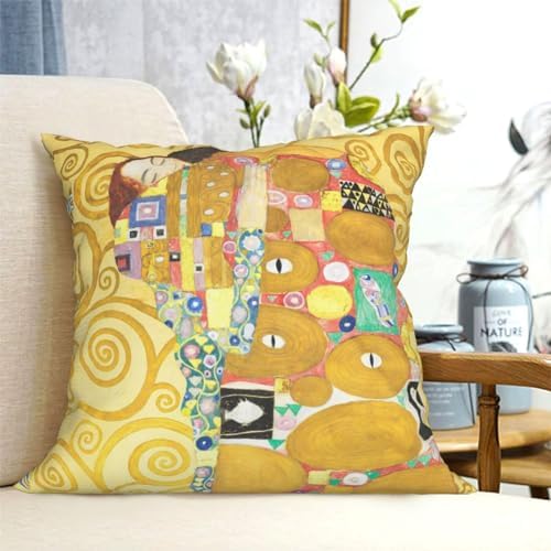 HOSTECCO Yellow Cushion Covers Pack of 4 Gustav Klimt Painting The Kiss Pillow Covers Square Decorative Pillow Cases for Sofa Couch Bed 45x45 cm